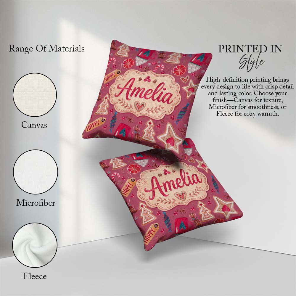 Custom Name Watercolor Christmas Cookies Candy Festive Seamless Square Filled Cushion Throw Pillow Sofa Bed Home Decor Zip Washable UK Made