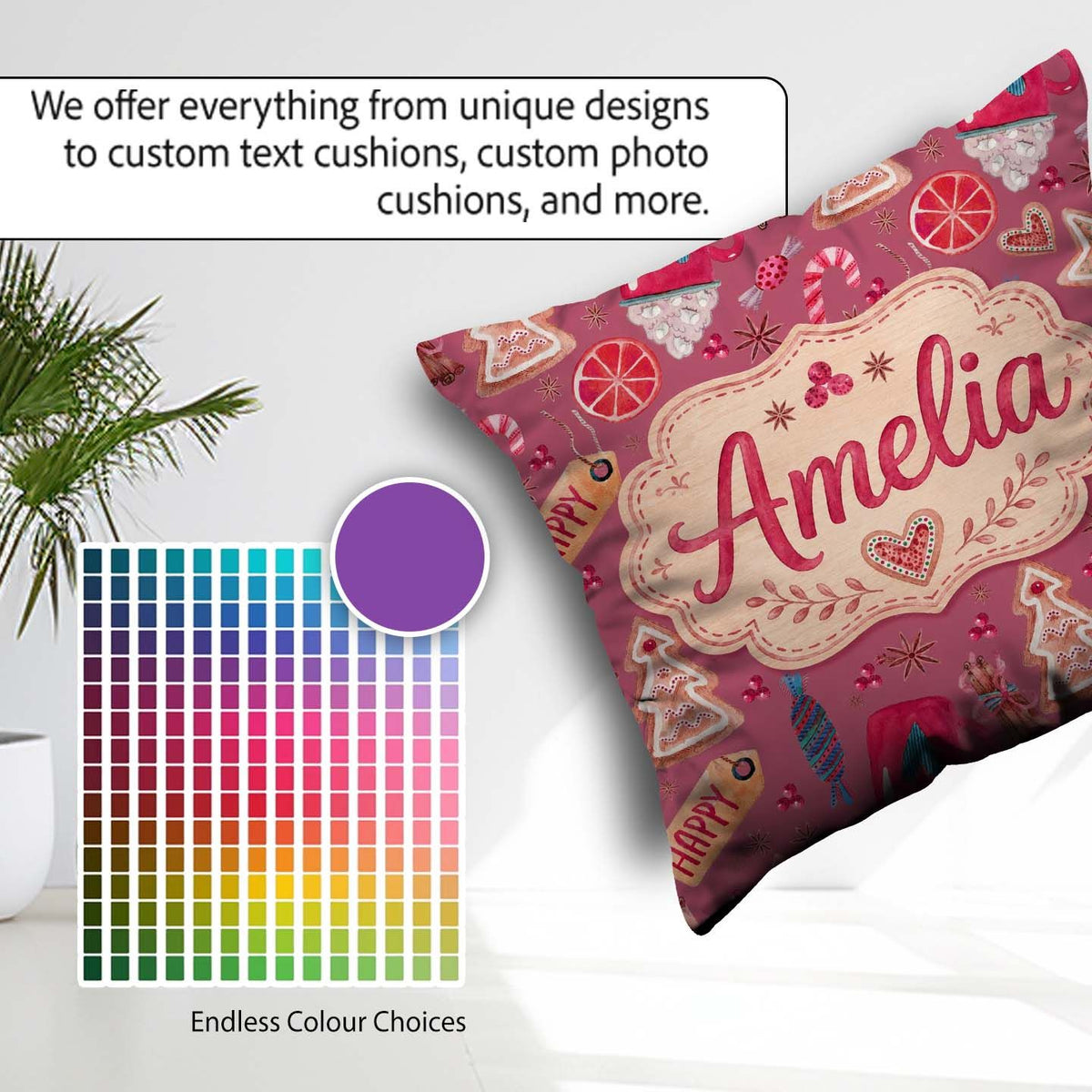 Custom Name Watercolor Christmas Cookies Candy Festive Seamless Square Filled Cushion Throw Pillow Sofa Bed Home Decor Zip Washable UK Made