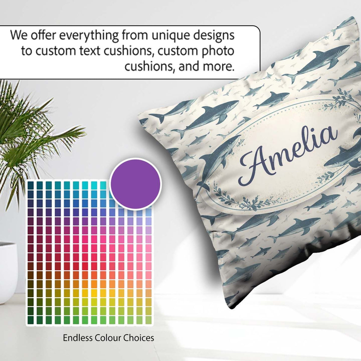 Custom Name Ocean Seamless Pattern Minimal Marine Animal Design Square Filled Cushion Throw Pillow Sofa Bed Home Decor Zip Washable UK Made