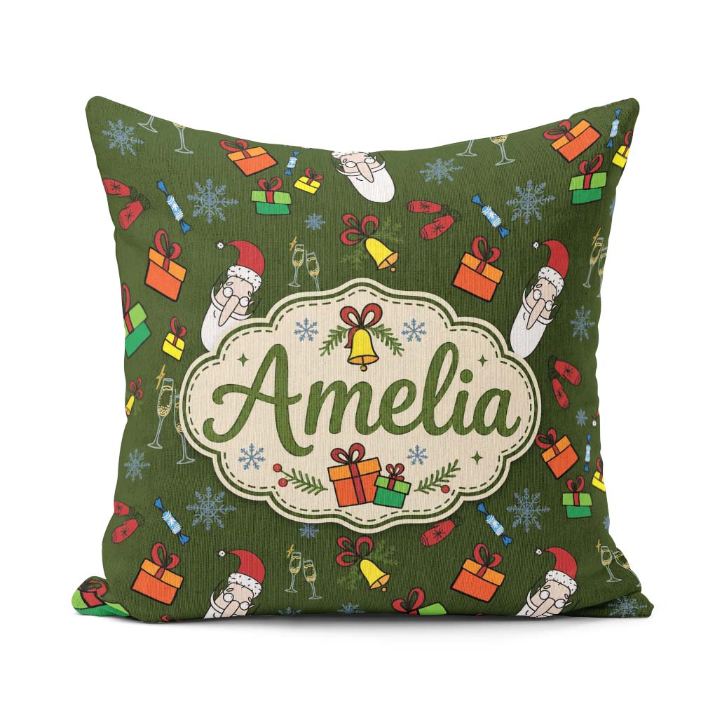Custom Name Santa Gifts Champagne Christmas Seamless Pattern Square Filled Cushion Throw Pillow Sofa Bed Home Decor Zip Washable UK Made
