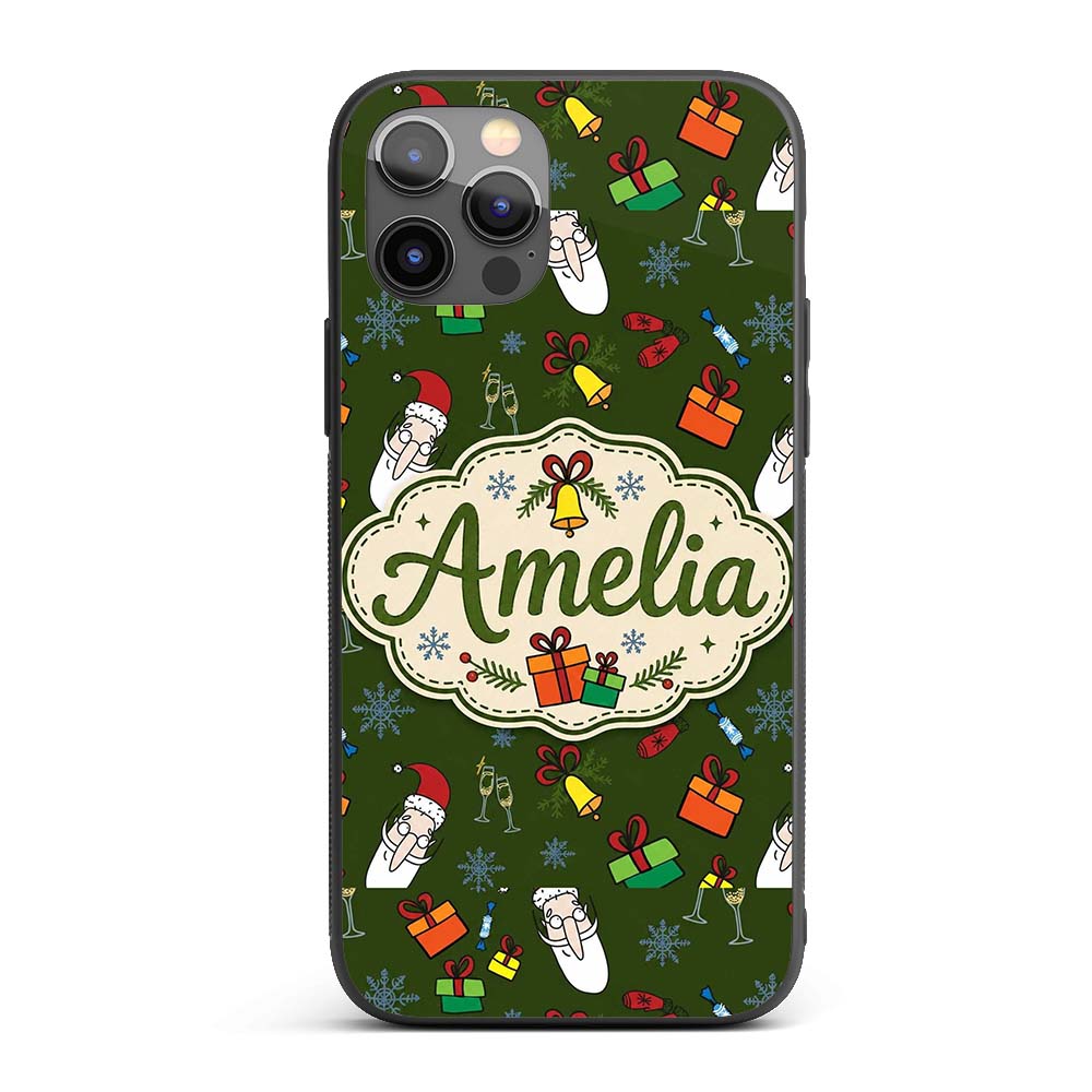 Cute Santa Gifts Champagne Christmas Seamless Custom Name Protective Phone Case Mobile Cover Durable Everyday Smartphone Shock Resistant