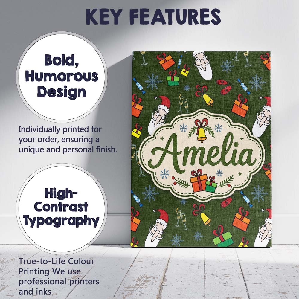 Personalised Name Cute Santa Gifts Champagne Custom Bespoke Contemporary Display Canvas Wall Art Print Decor Picture Ready to Hang