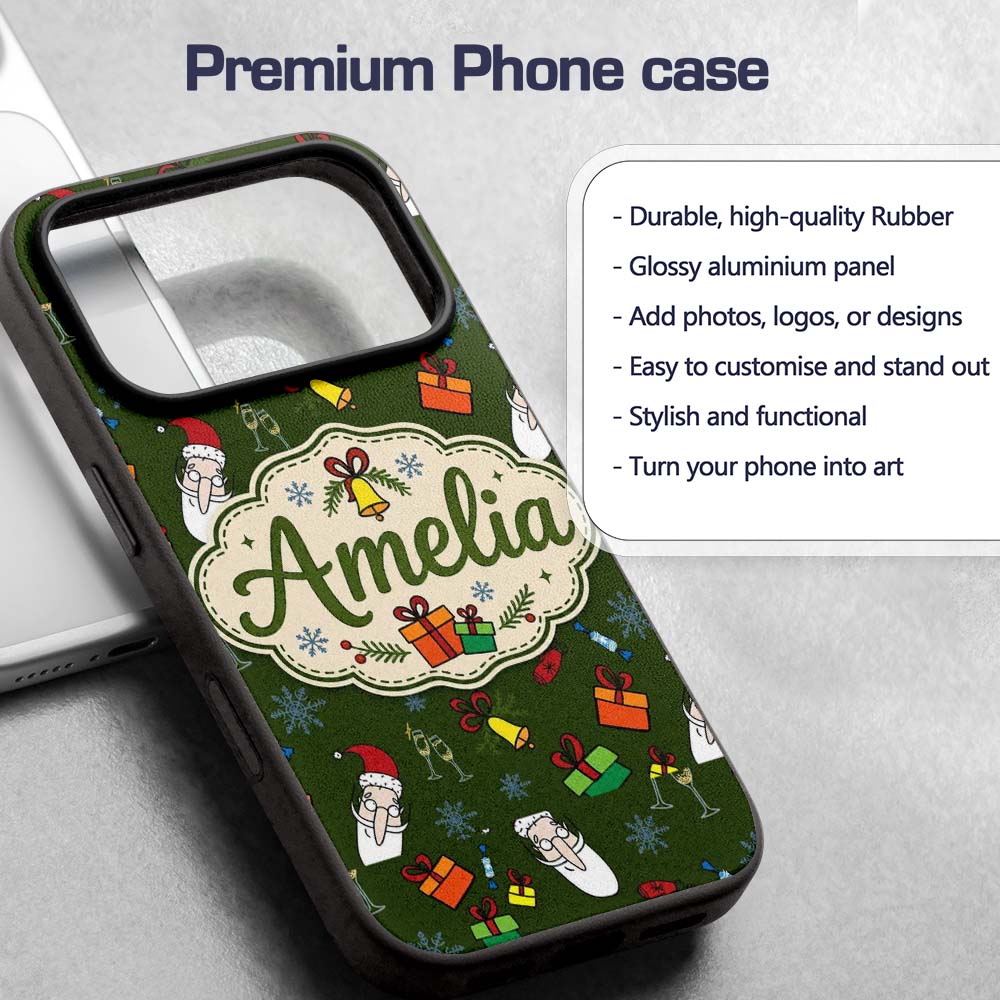 Cute Santa Gifts Champagne Christmas Seamless Custom Name Protective Phone Case Mobile Cover Durable Everyday Smartphone Shock Resistant