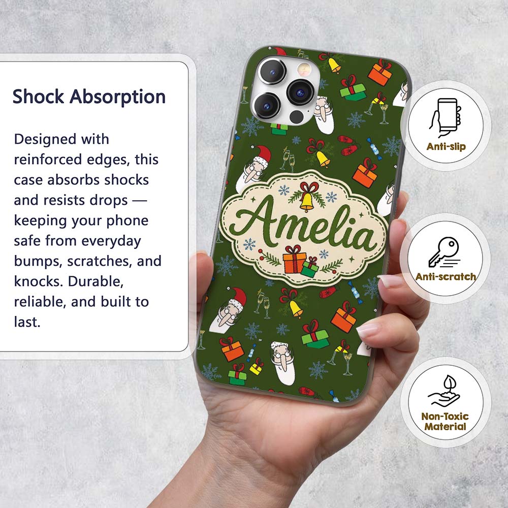 Cute Santa Gifts Champagne Christmas Seamless Custom Name Protective Phone Case Mobile Cover Durable Everyday Smartphone Shock Resistant