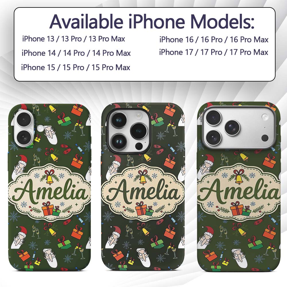 Cute Santa Gifts Champagne Christmas Seamless Custom Name Protective Phone Case Mobile Cover Durable Everyday Smartphone Shock Resistant