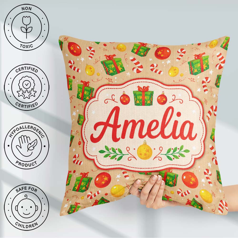 Custom Name Christmas Gifts Candy Cane Baubles Festive Seamless Square Filled Cushion Throw Pillow Sofa Bed Home Decor Zip Washable UK Made