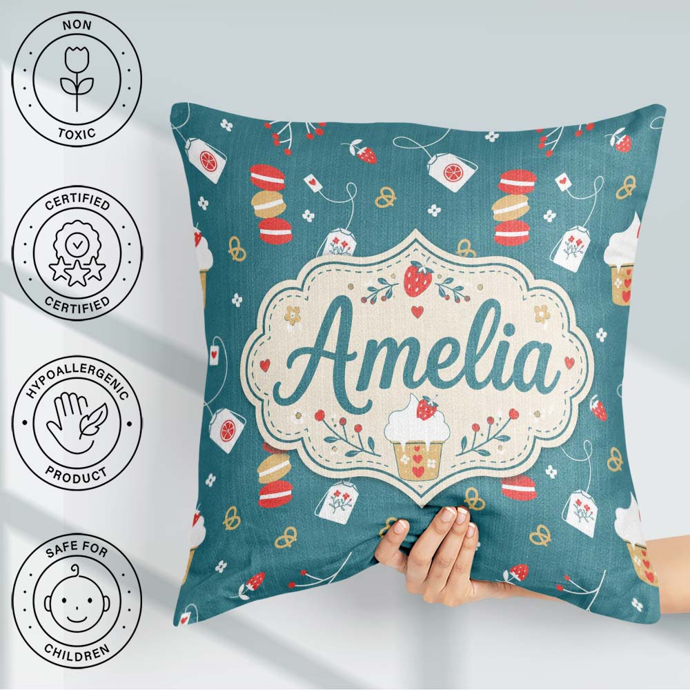 Custom Name Cute Tea Dessert Strawberry Macaron Seamless Pattern Square Filled Cushion Throw Pillow Sofa Bed Home Decor Zip Washable UK Made