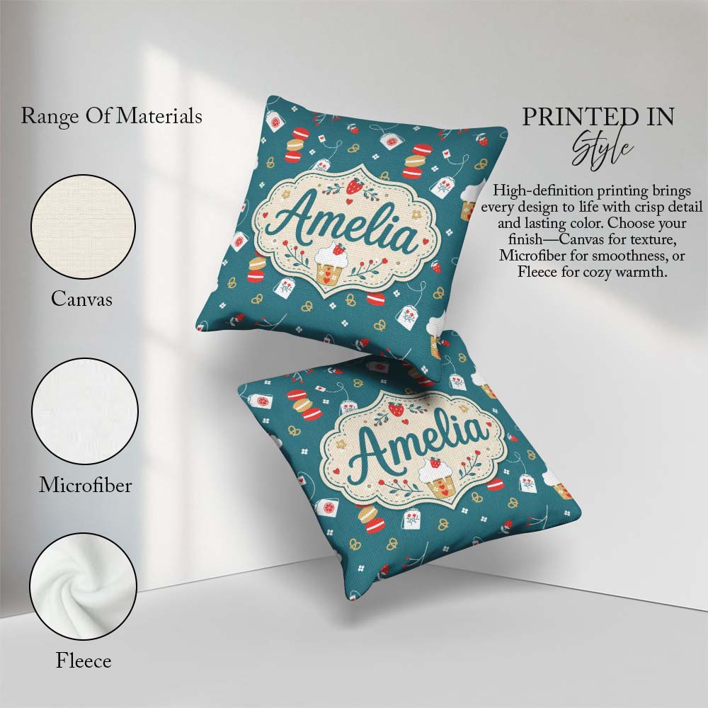 Custom Name Cute Tea Dessert Strawberry Macaron Seamless Pattern Square Filled Cushion Throw Pillow Sofa Bed Home Decor Zip Washable UK Made