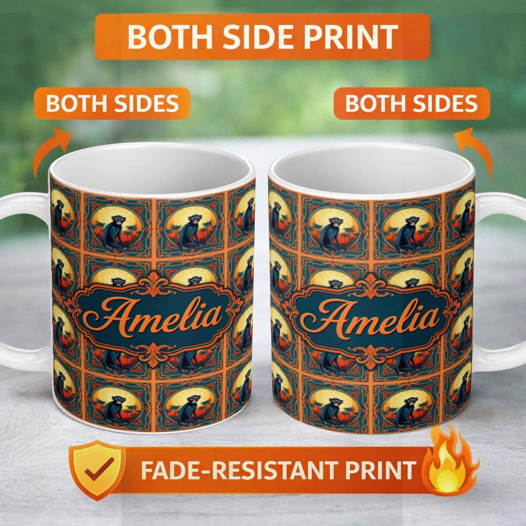 Personalized Custom Name Tropical Sunset Monkey Silhouette in Decorative Frame Repeat Pattern 11oz Ceramic Coffee Tea Mug White Large Handle