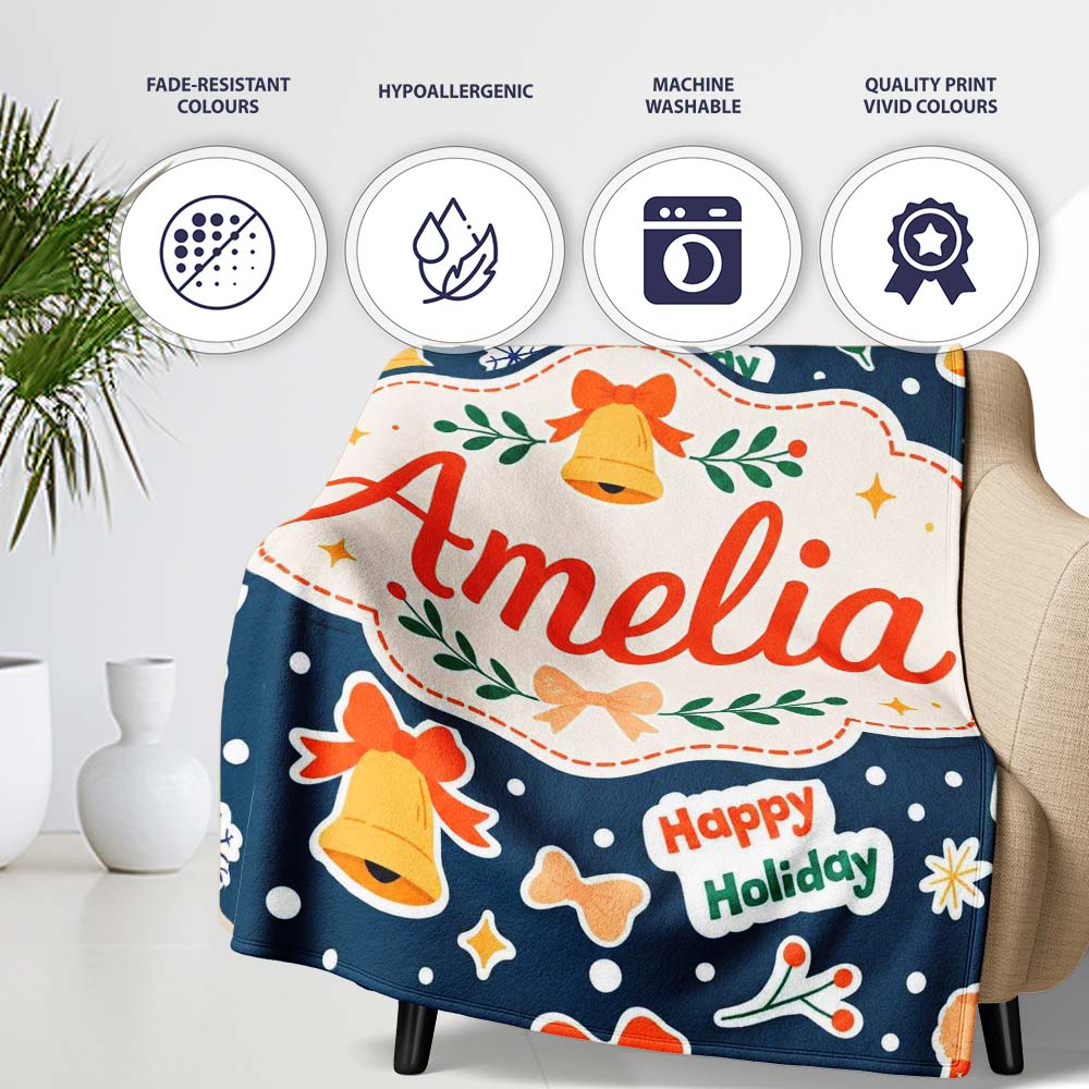 Happy Holiday Bells Gift Winter Festive Seamless Pattern Lovely Personalised Custom Name Super Soft Fleece Blanket Bed Sofa Throw