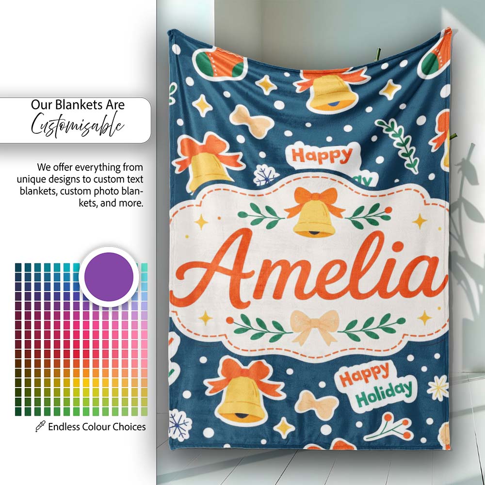 Happy Holiday Bells Gift Winter Festive Seamless Pattern Lovely Personalised Custom Name Super Soft Fleece Blanket Bed Sofa Throw