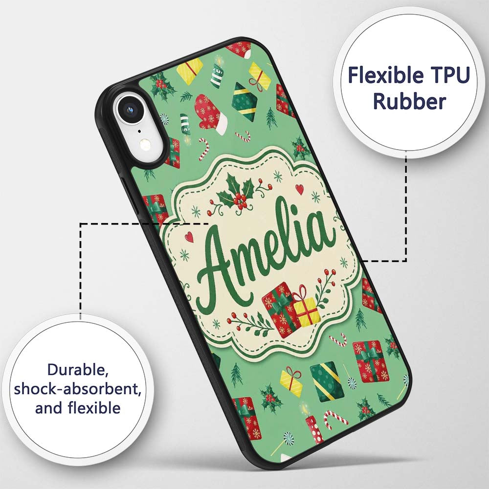 Christmas Gifts Candy Cane Holly Mitten Seamless Custom Name Protective Phone Case Mobile Cover Durable Everyday Smartphone Shock Resistant