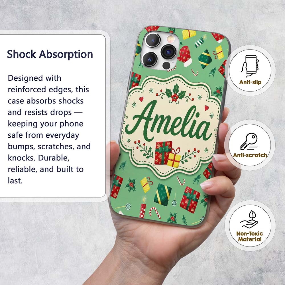 Christmas Gifts Candy Cane Holly Mitten Seamless Custom Name Protective Phone Case Mobile Cover Durable Everyday Smartphone Shock Resistant