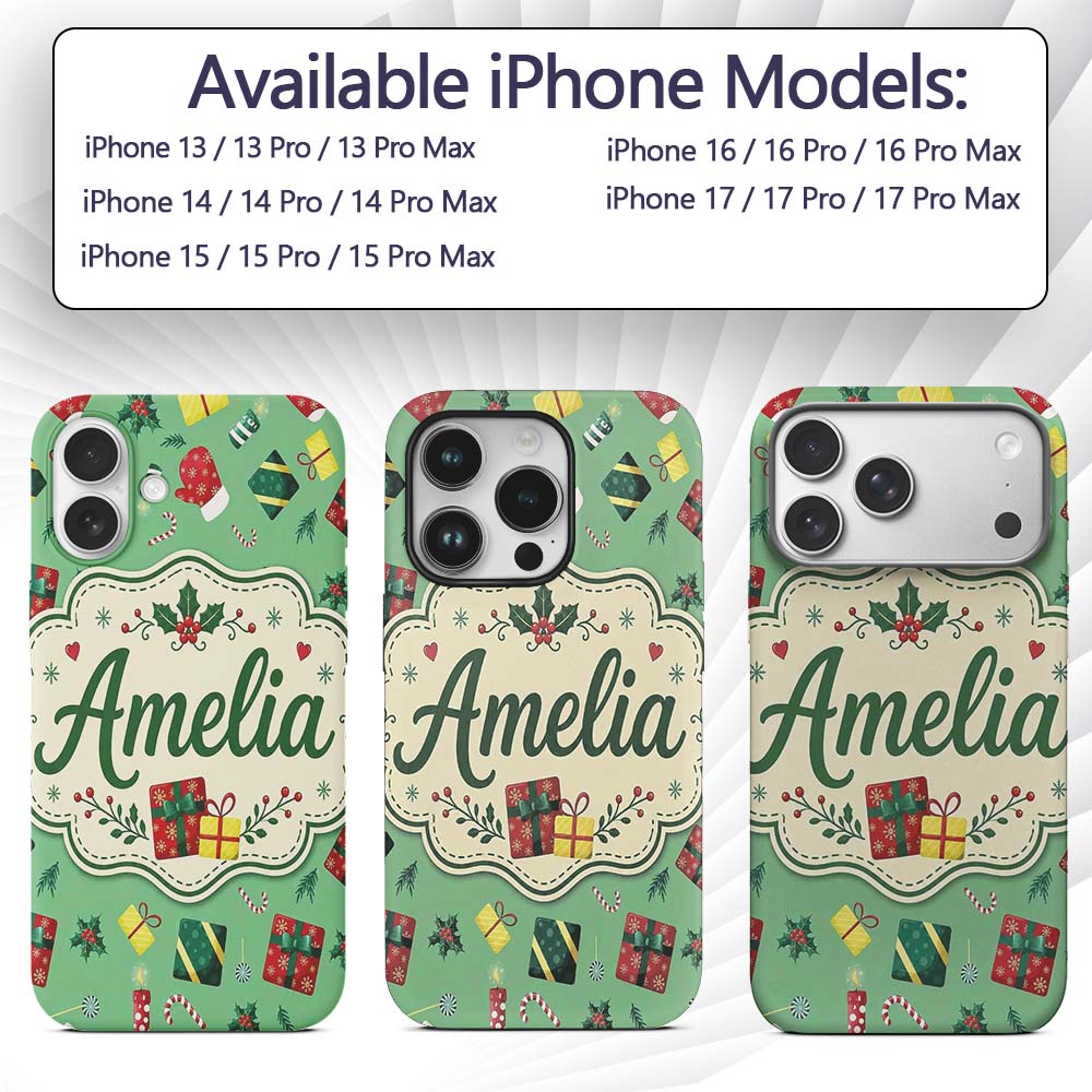 Christmas Gifts Candy Cane Holly Mitten Seamless Custom Name Protective Phone Case Mobile Cover Durable Everyday Smartphone Shock Resistant