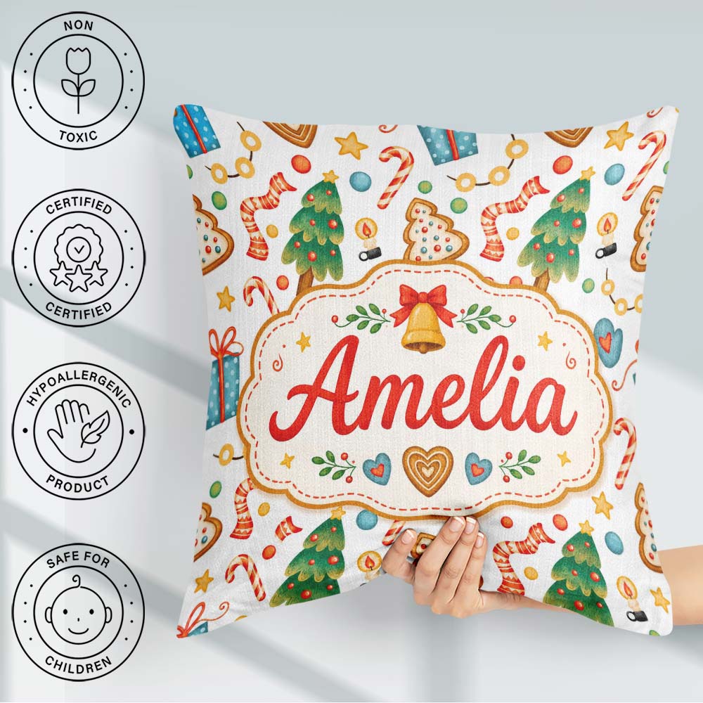 Custom Name Christmas Tree Cookie Candy Festive Seamless Pattern Square Filled Cushion Throw Pillow Sofa Bed Home Decor Zip Washable UK Made