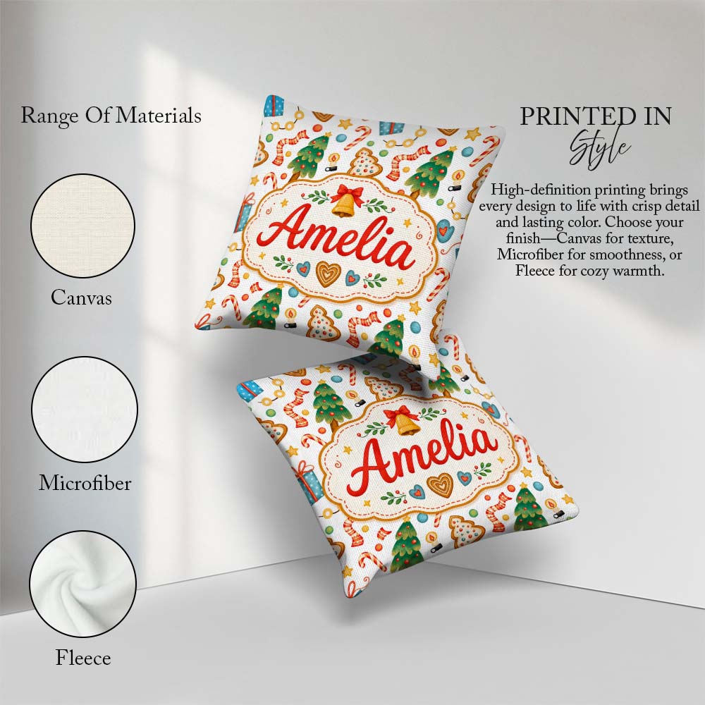 Custom Name Christmas Tree Cookie Candy Festive Seamless Pattern Square Filled Cushion Throw Pillow Sofa Bed Home Decor Zip Washable UK Made