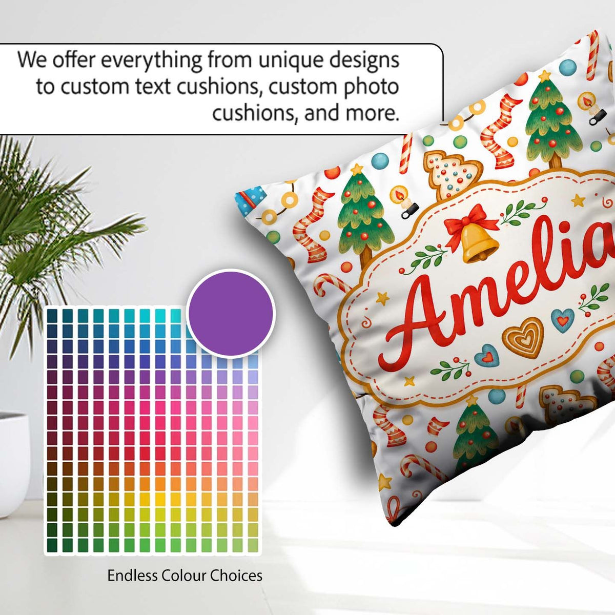 Custom Name Christmas Tree Cookie Candy Festive Seamless Pattern Square Filled Cushion Throw Pillow Sofa Bed Home Decor Zip Washable UK Made