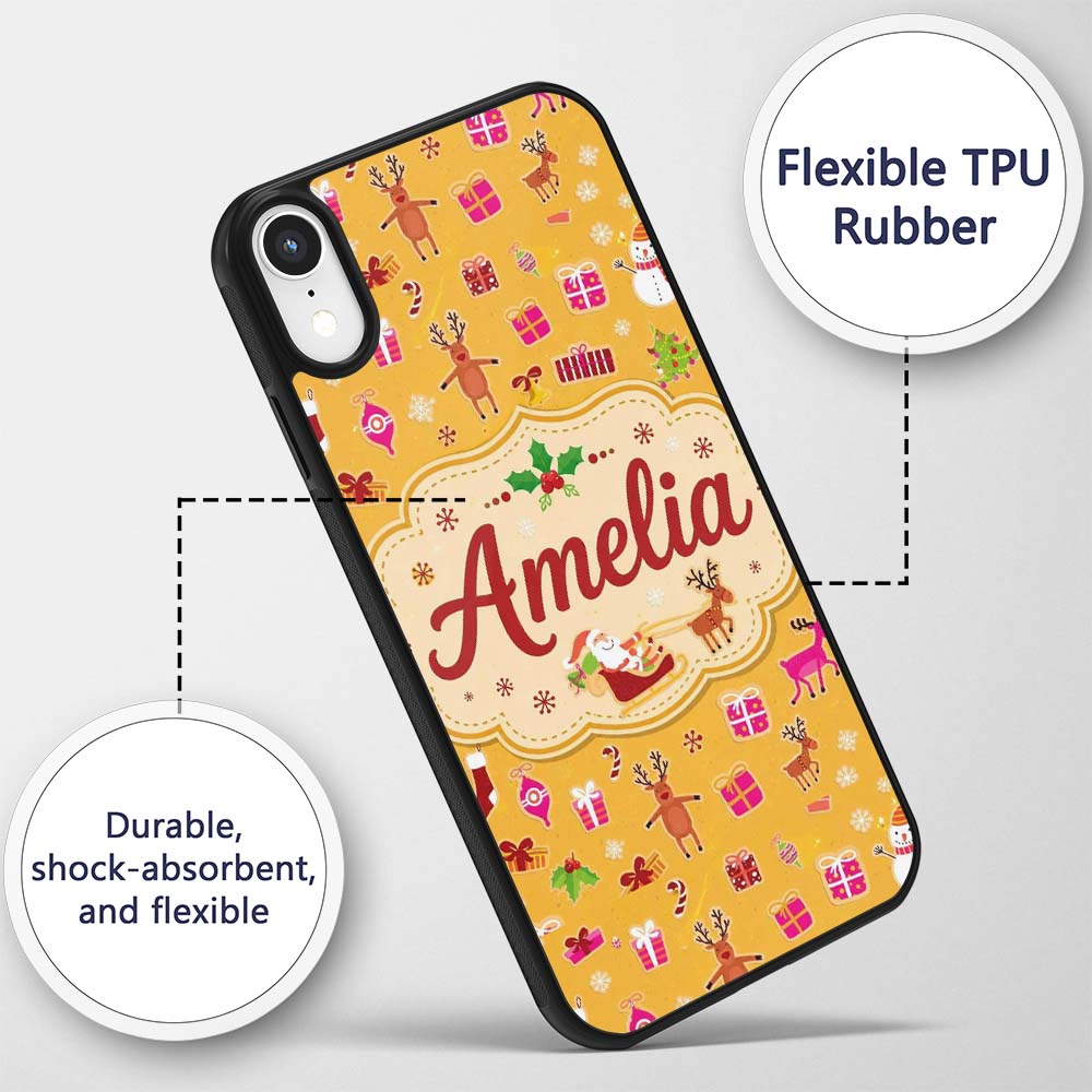 Cute Santa Reindeer Snowman Christmas Seamless Custom Name Protective Phone Case Mobile Cover Durable Everyday Smartphone Shock Resistant