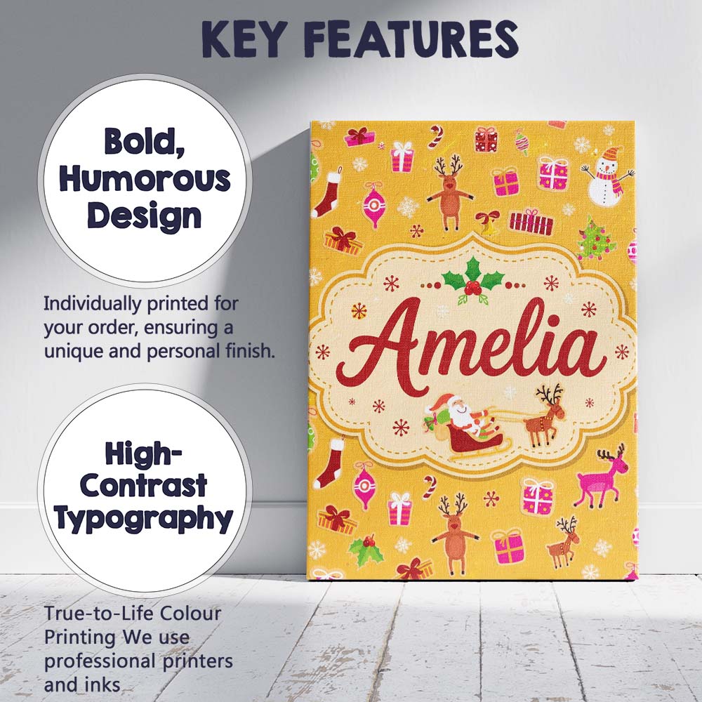 Personalised Name Cute Santa Reindeer Custom Modern Room Accent Creative Decorator Style Canvas Wall Art Print Decor Picture Ready to Hang