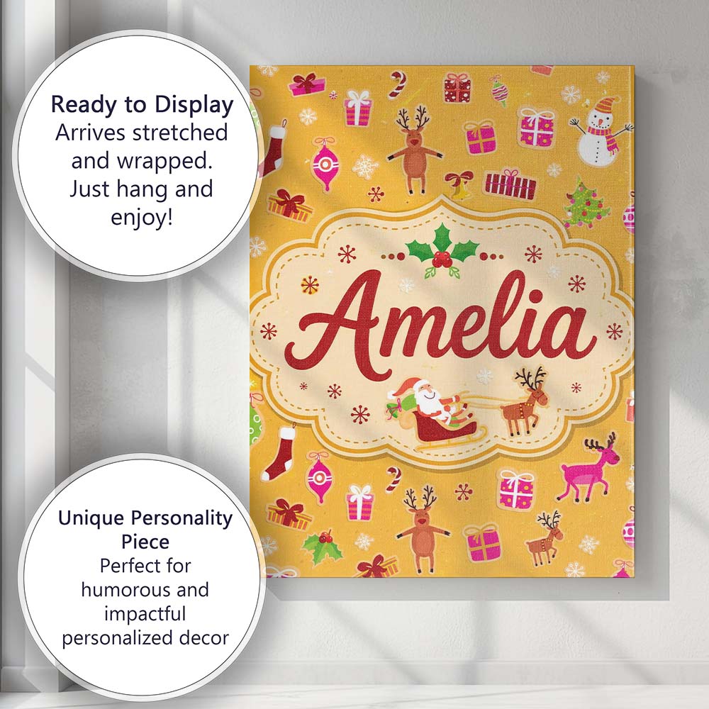 Personalised Name Cute Santa Reindeer Custom Modern Room Accent Creative Decorator Style Canvas Wall Art Print Decor Picture Ready to Hang