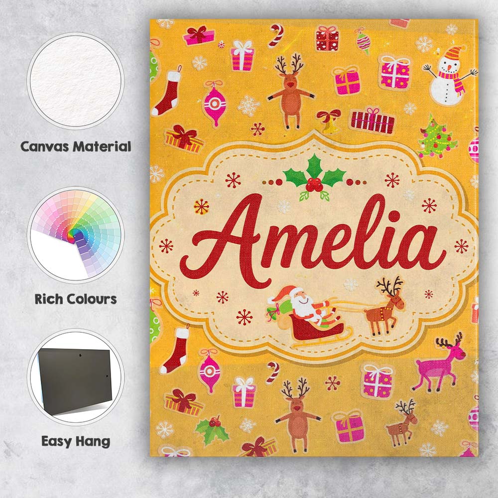 Personalised Name Cute Santa Reindeer Custom Modern Room Accent Creative Decorator Style Canvas Wall Art Print Decor Picture Ready to Hang
