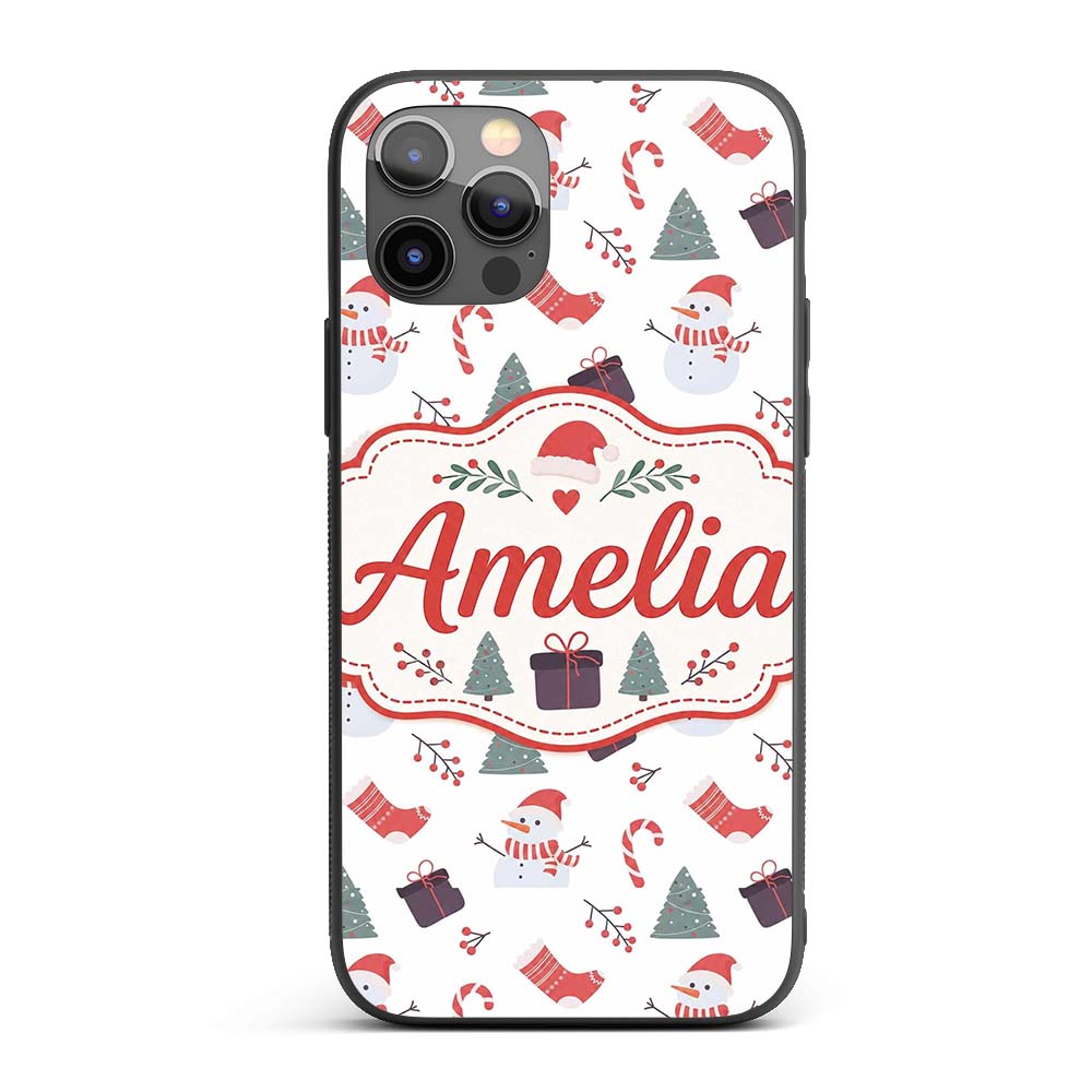 Cute Snowman Christmas Tree Candy Cane Seamless Custom Name Protective Phone Case Mobile Cover Durable Everyday Smartphone Shock Resistant