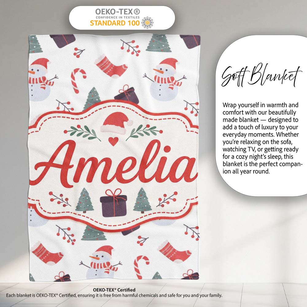 Cute Snowman Christmas Tree Candy Cane Seamless Pattern Lovely Personalised Custom Name Super Soft Fleece Blanket Bed Sofa Throw