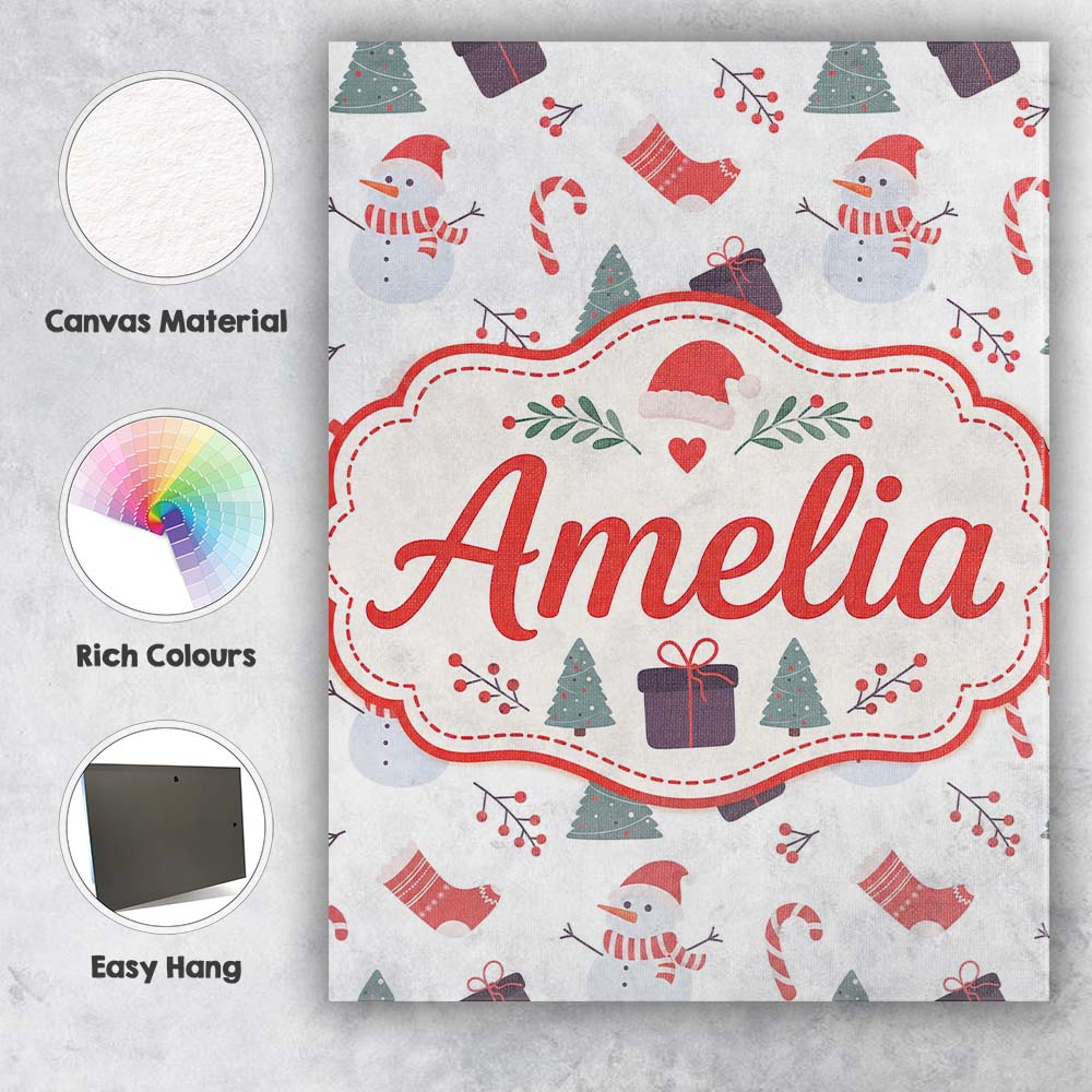 Personalised Name Cute Snowman Christmas Custom Unique Gift Idea Elegant Feature Canvas Wall Art Print Decor Picture Ready to Hang