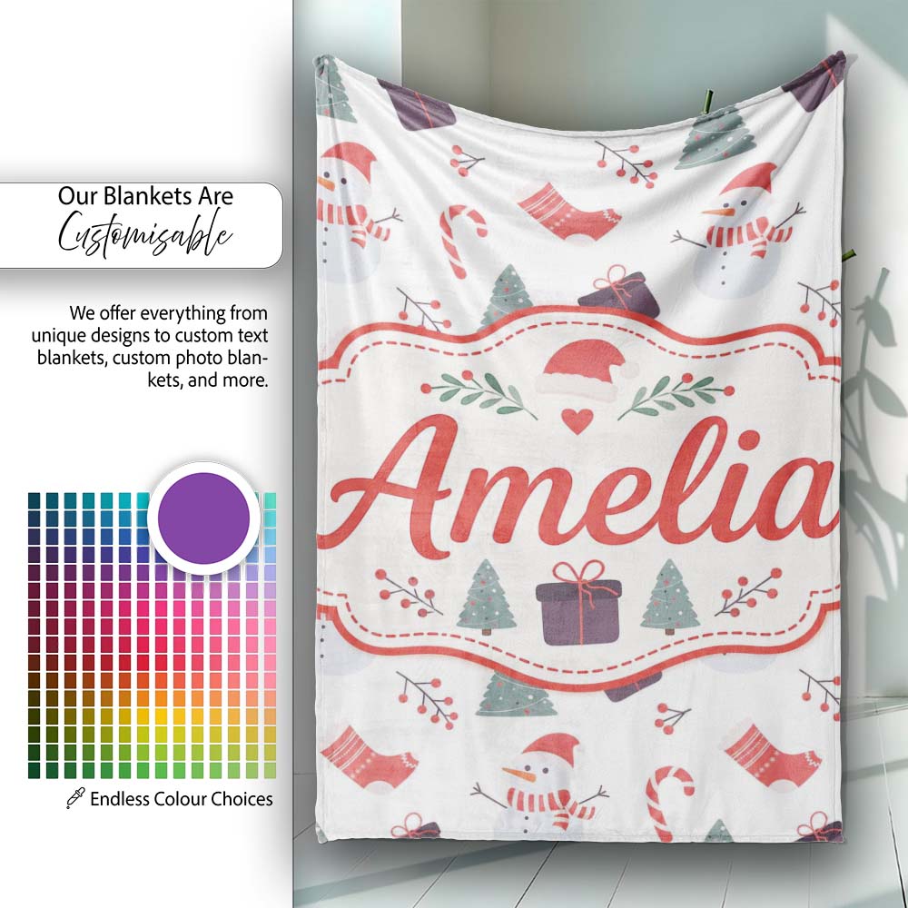 Cute Snowman Christmas Tree Candy Cane Seamless Pattern Lovely Personalised Custom Name Super Soft Fleece Blanket Bed Sofa Throw