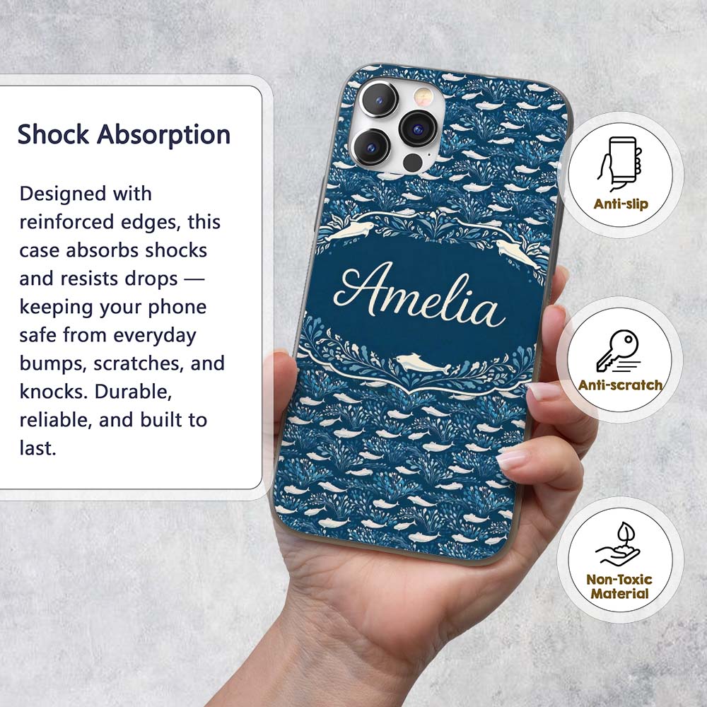 Light Blue Whale Seamless Pattern Cute Marine Custom Name Protective Phone Case Mobile Cover Durable Everyday Smartphone Shock Resistant