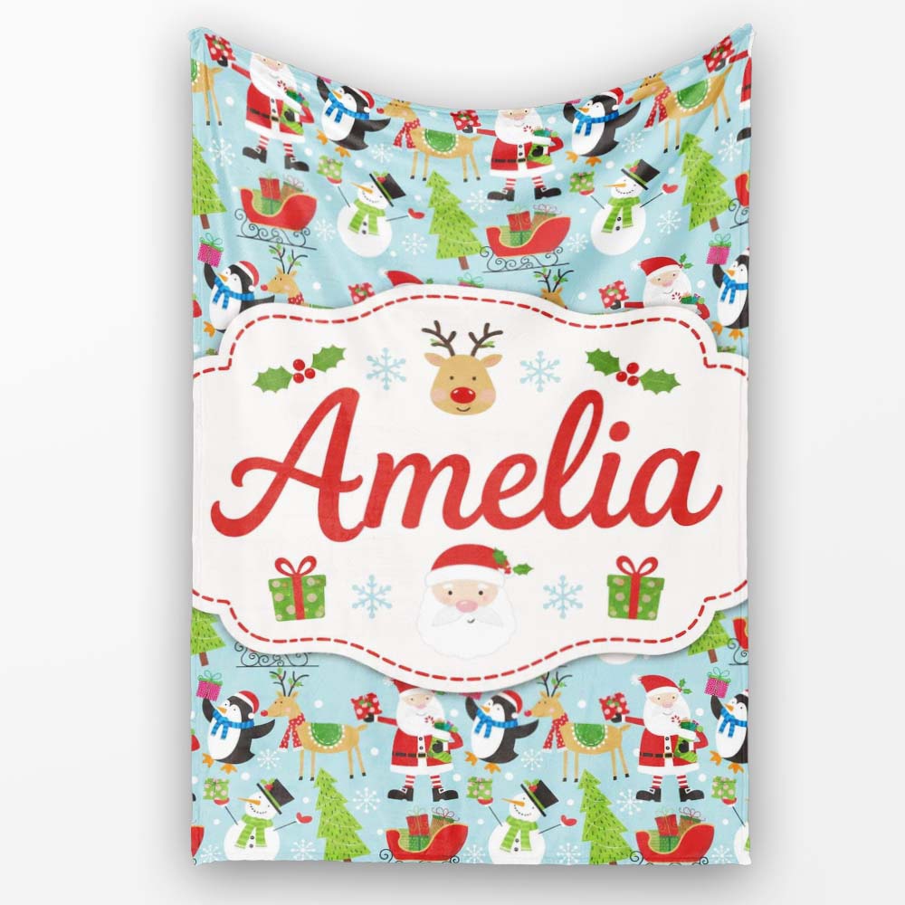 Cute Santa Penguin Reindeer Sleigh Seamless Pattern Cute Unique Gift Personalised Custom Name Super Soft Fleece Blanket Bed Sofa Throw