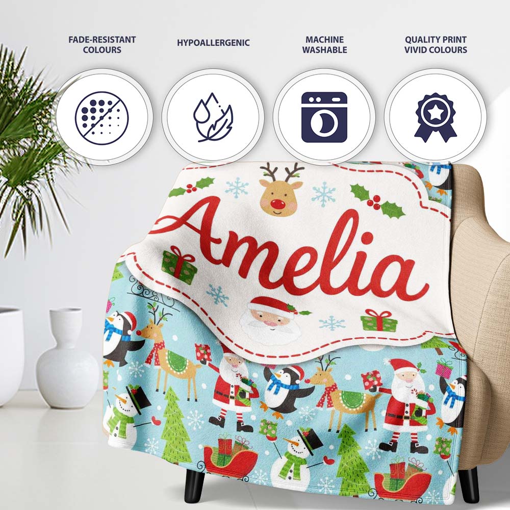 Cute Santa Penguin Reindeer Sleigh Seamless Pattern Cute Unique Gift Personalised Custom Name Super Soft Fleece Blanket Bed Sofa Throw