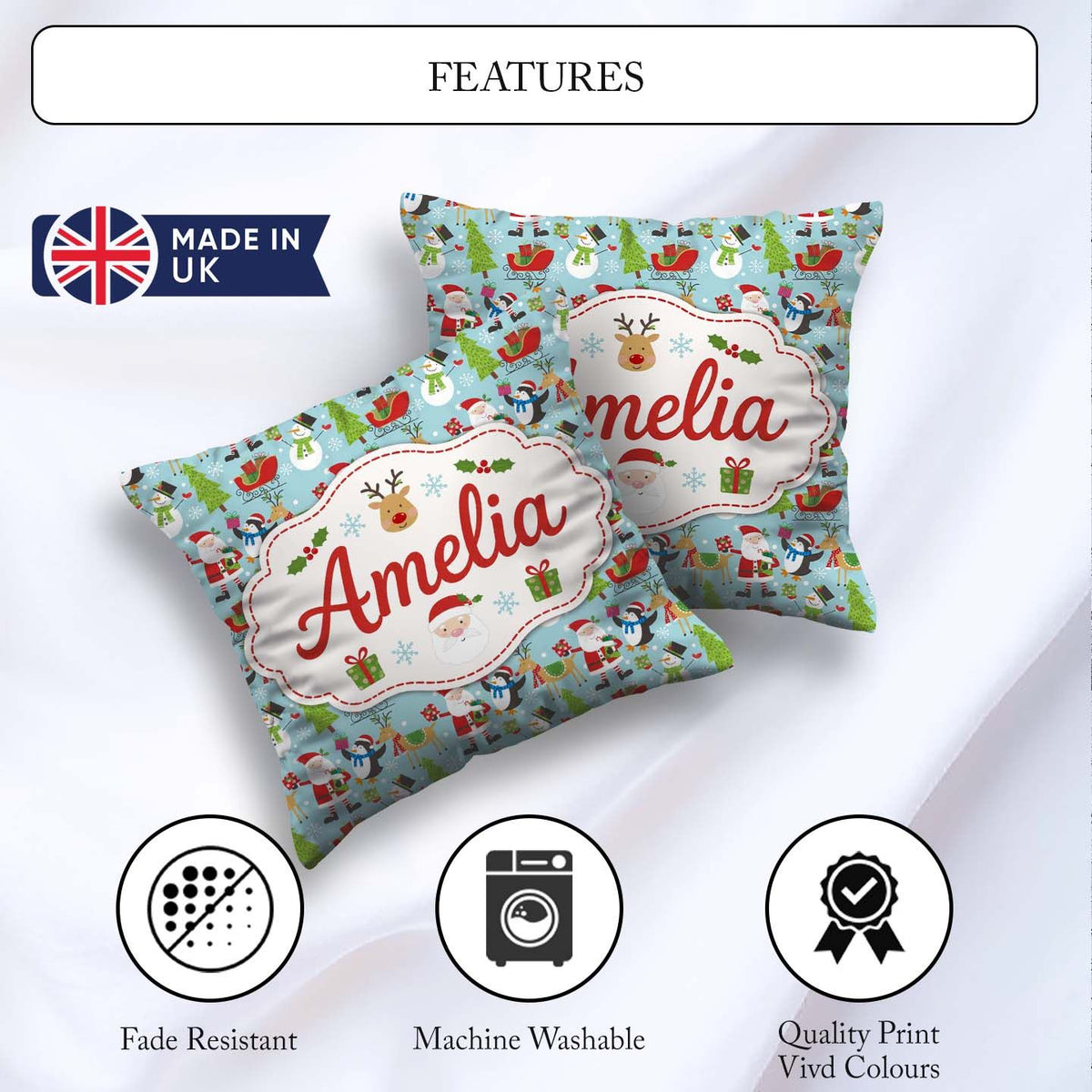 Custom Name Cute Santa Penguin Reindeer Sleigh Seamless Pattern Square Filled Cushion Throw Pillow Sofa Bed Home Decor Zip Washable UK Made