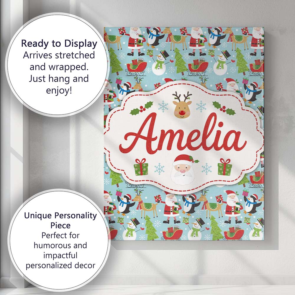 Personalised Name Cute Santa Penguin Custom Premium Decorative Design Modern Room Accent Canvas Wall Art Print Decor Picture Ready to Hang
