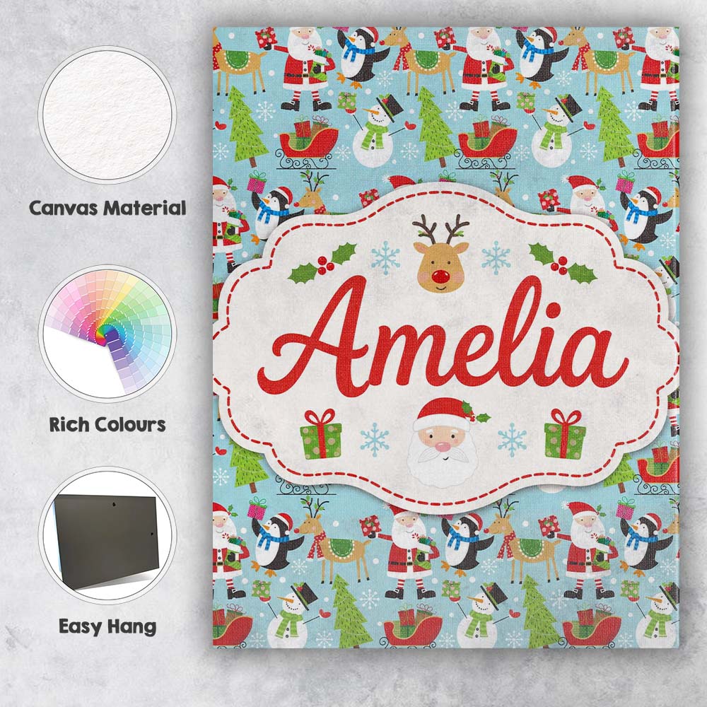 Personalised Name Cute Santa Penguin Custom Premium Decorative Design Modern Room Accent Canvas Wall Art Print Decor Picture Ready to Hang