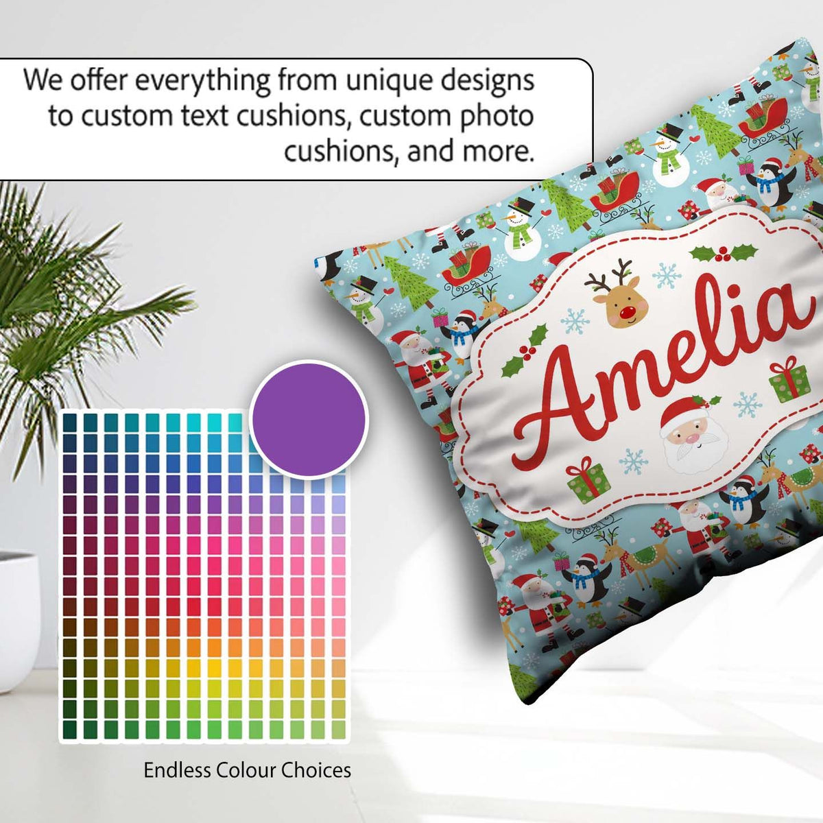 Custom Name Cute Santa Penguin Reindeer Sleigh Seamless Pattern Square Filled Cushion Throw Pillow Sofa Bed Home Decor Zip Washable UK Made