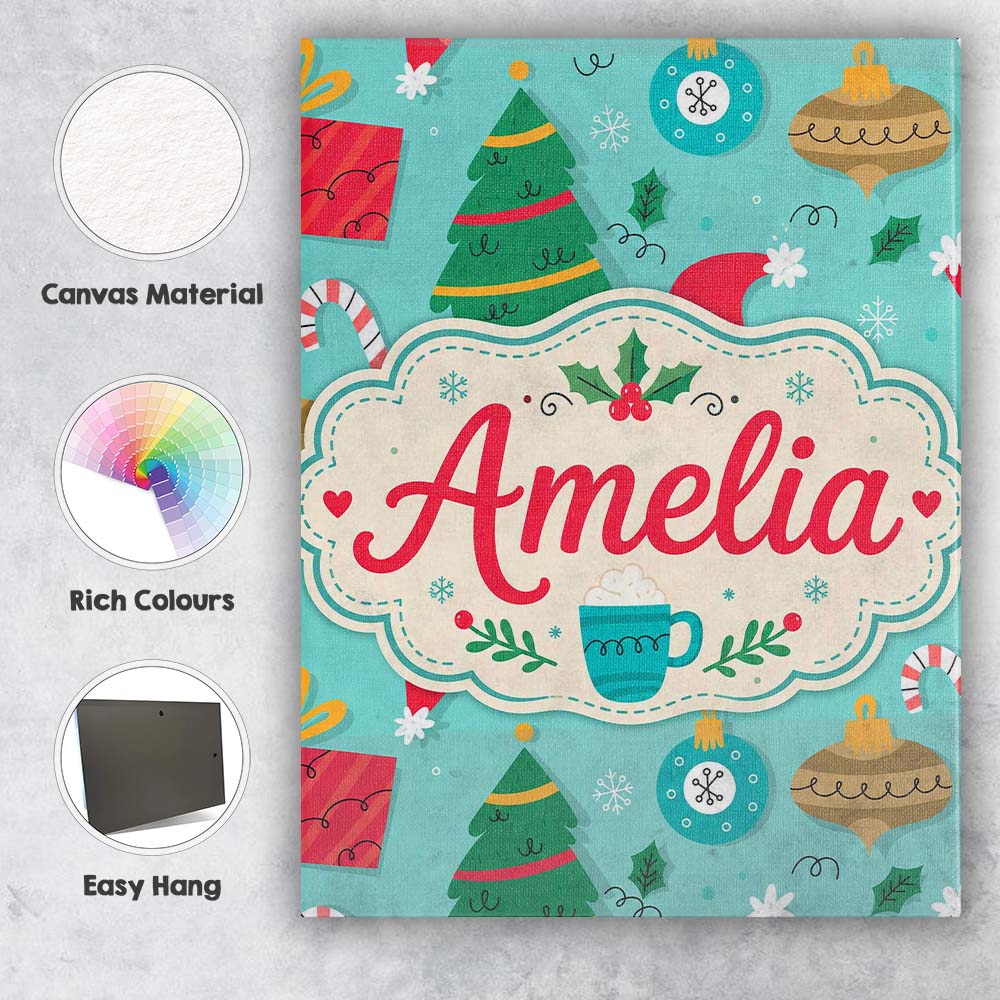 Personalised Name Christmas Candy Cane Custom Modern Room Accent Elegant Feature Canvas Wall Art Print Decor Picture Ready to Hang