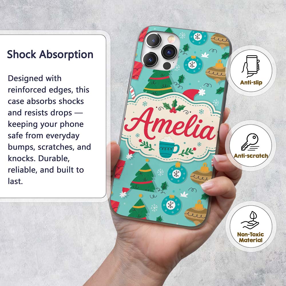 Christmas Candy Cane Ornament Festive Seamless Custom Name Protective Phone Case Mobile Cover Durable Everyday Smartphone Shock Resistant