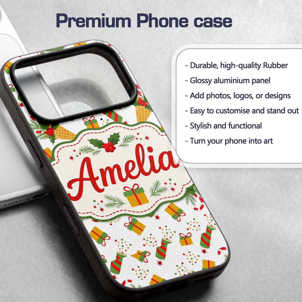 Christmas Candy Cane Ice Cream Cone Holly Gift Custom Name Protective Phone Case Mobile Cover Durable Everyday Smartphone Shock Resistant