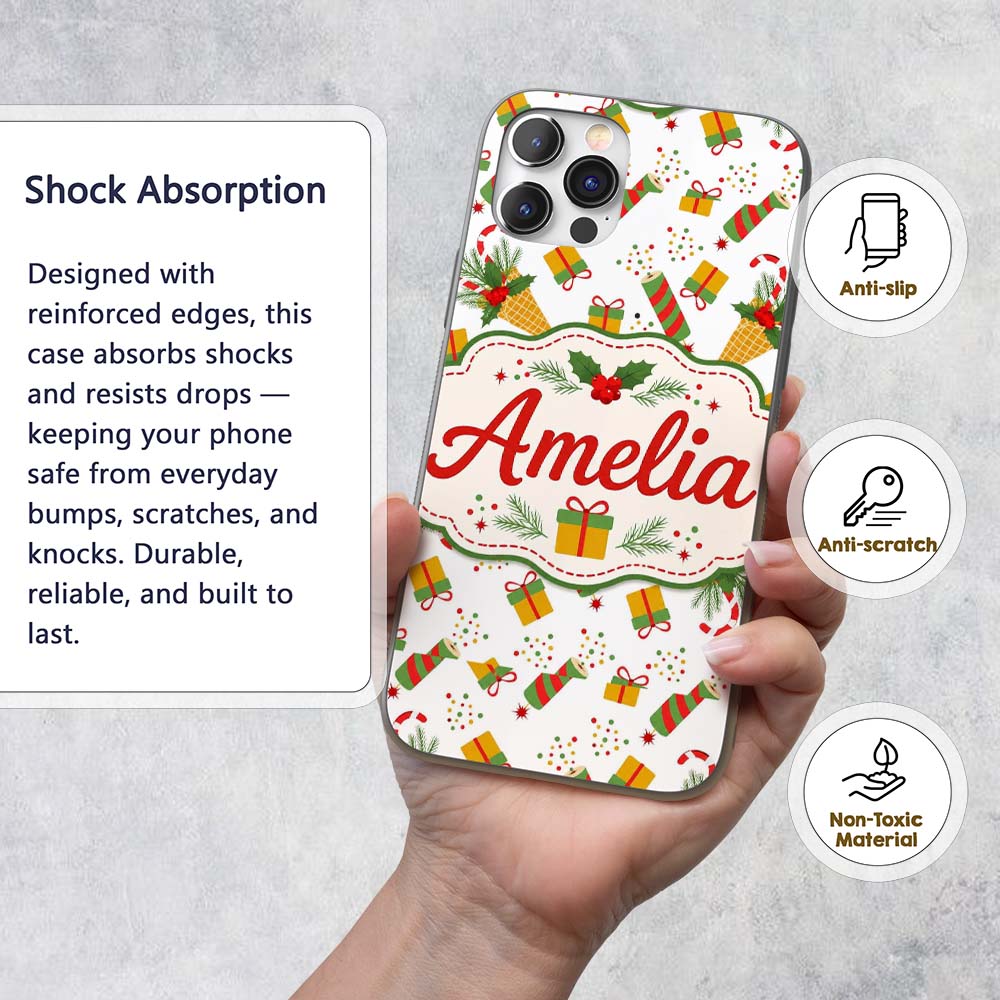 Christmas Candy Cane Ice Cream Cone Holly Gift Custom Name Protective Phone Case Mobile Cover Durable Everyday Smartphone Shock Resistant
