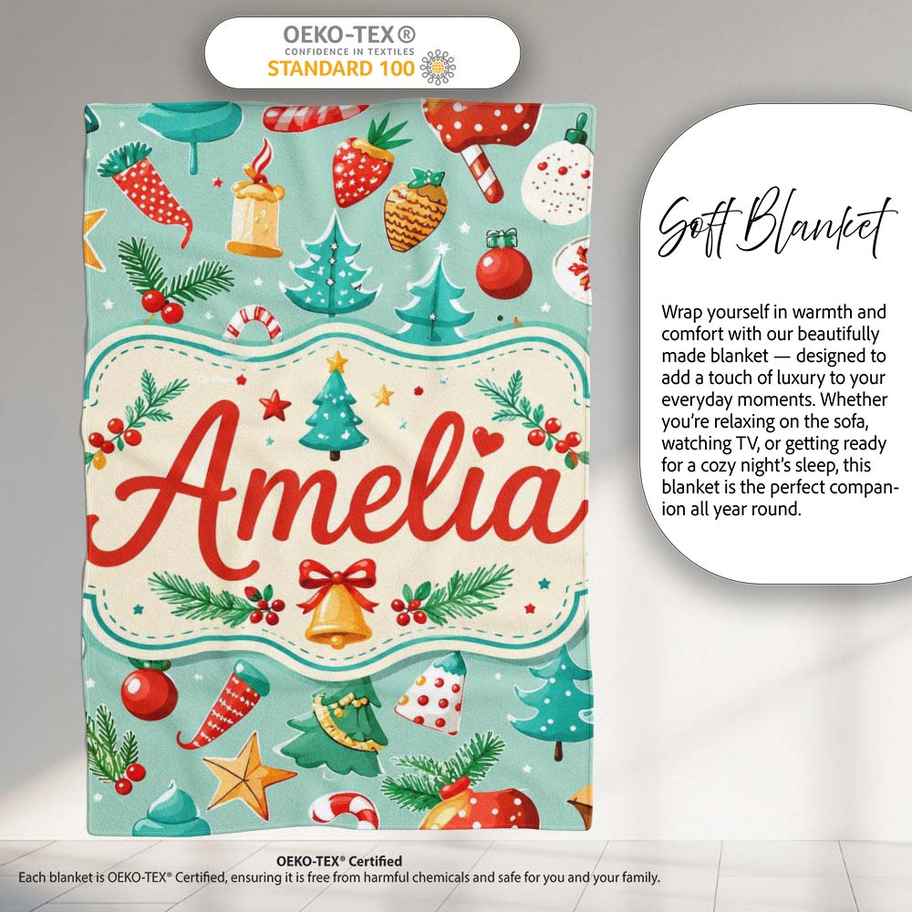 Watercolor Christmas Tree Strawberry Ornament Seamless Pattern Personalised Custom Name Super Soft Fleece Blanket Bed Sofa Throw