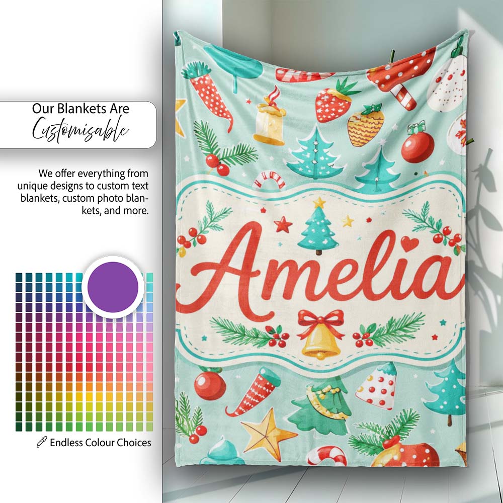Watercolor Christmas Tree Strawberry Ornament Seamless Pattern Personalised Custom Name Super Soft Fleece Blanket Bed Sofa Throw