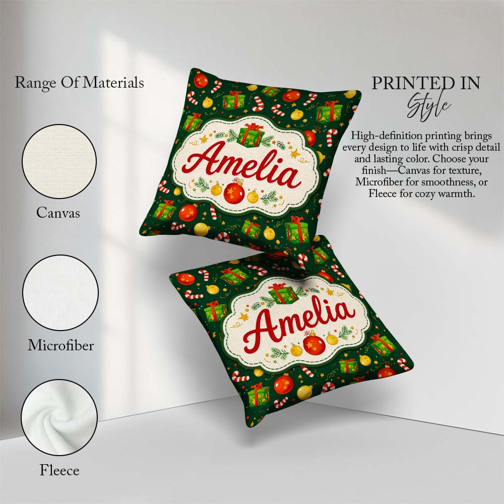 Custom Name Christmas Box Candy Cane Ornament Seamless Pattern Square Filled Cushion Throw Pillow Sofa Bed Home Decor Zip Washable UK Made