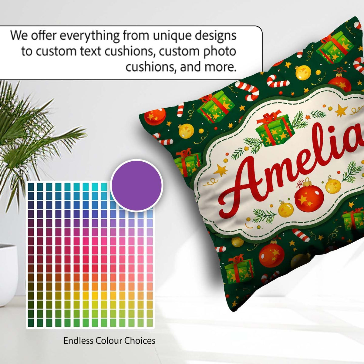Custom Name Christmas Box Candy Cane Ornament Seamless Pattern Square Filled Cushion Throw Pillow Sofa Bed Home Decor Zip Washable UK Made
