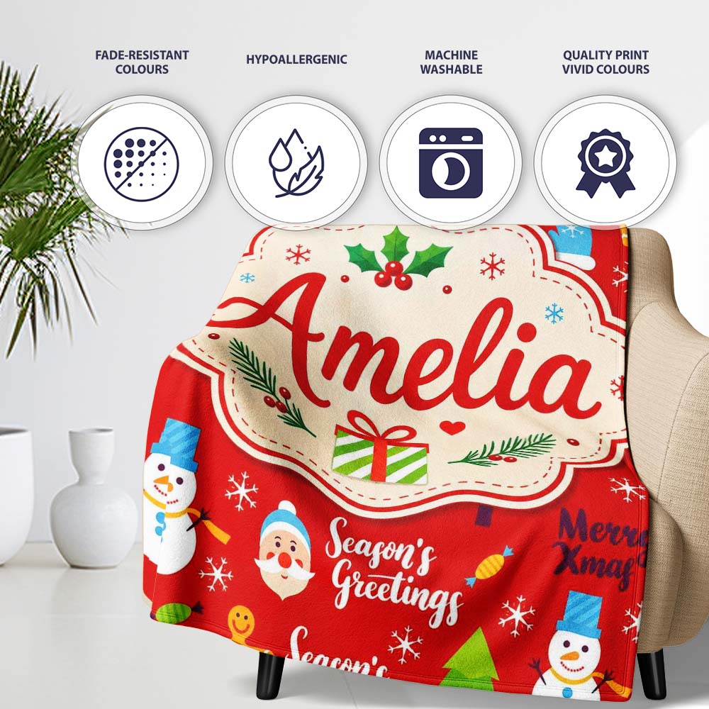 Merry Christmas Santa Snowman Candy Greeting Seamless Pattern Lovely Personalised Custom Name Super Soft Fleece Blanket Bed Sofa Throw