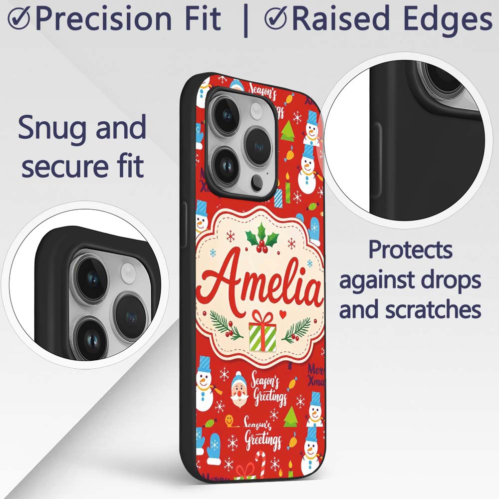Merry Christmas Santa Snowman Candy Greeting Custom Name Protective Phone Case Mobile Cover Durable Everyday Smartphone Shock Resistant