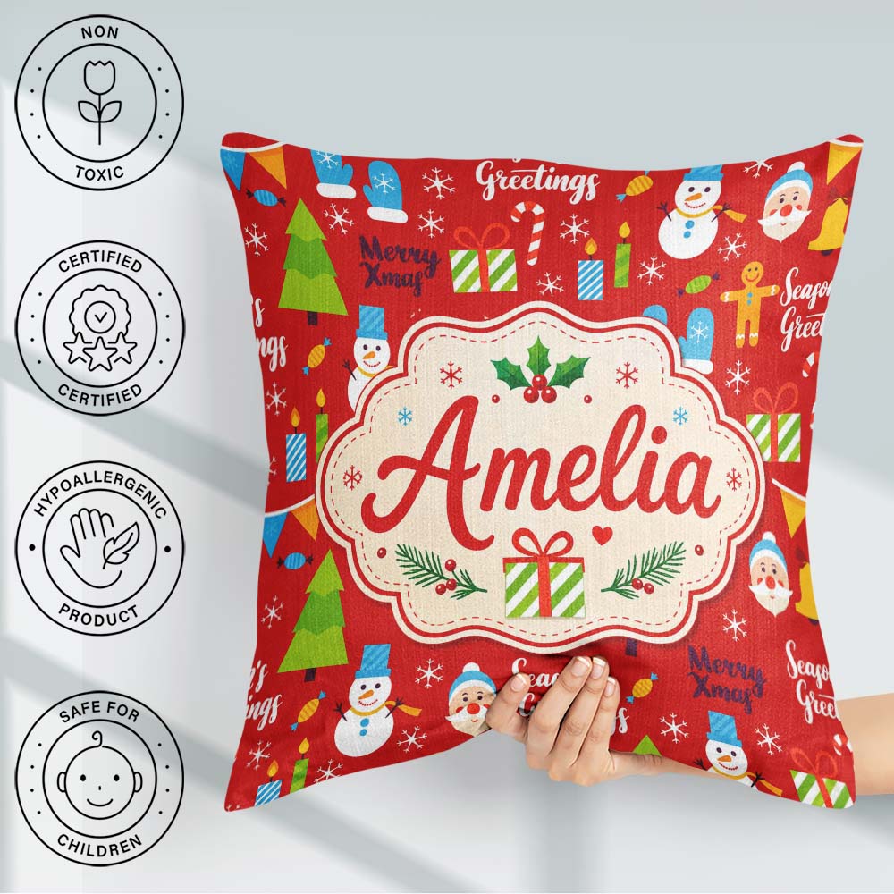 Custom Name Merry Christmas Santa Snowman Candy Greeting Pattern Square Filled Cushion Throw Pillow Sofa Bed Home Decor Zip Washable UK Made