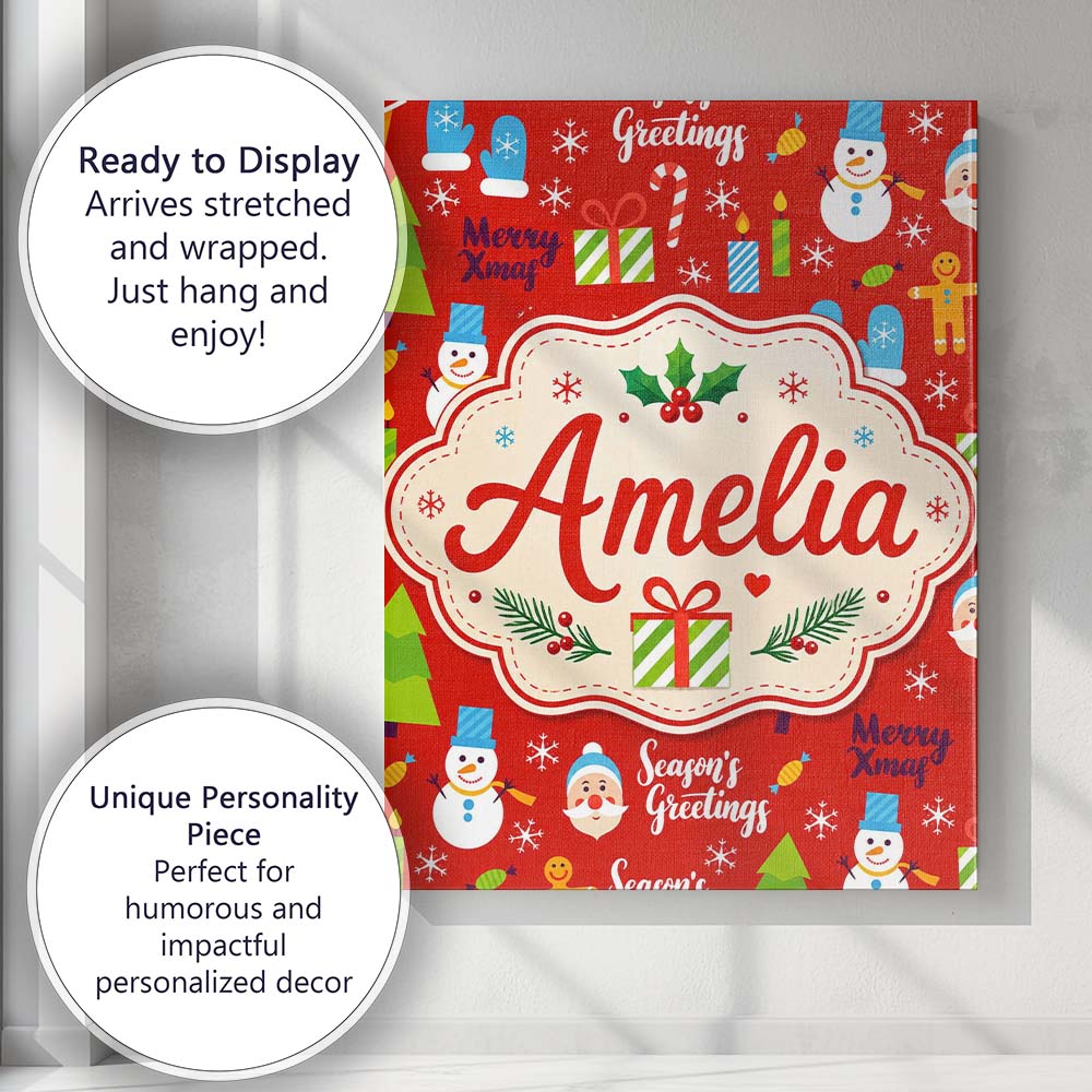 Personalised Name Merry Christmas Santa Custom Modern Room Accent Elegant Feature Canvas Wall Art Print Decor Picture Ready to Hang