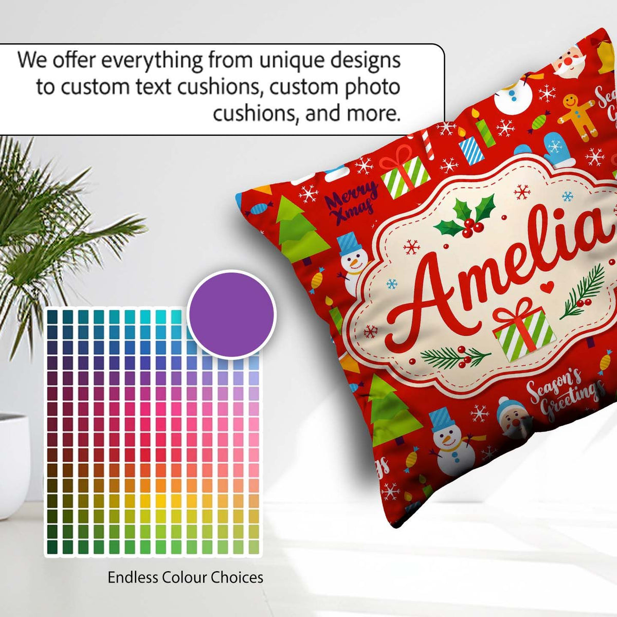 Custom Name Merry Christmas Santa Snowman Candy Greeting Pattern Square Filled Cushion Throw Pillow Sofa Bed Home Decor Zip Washable UK Made