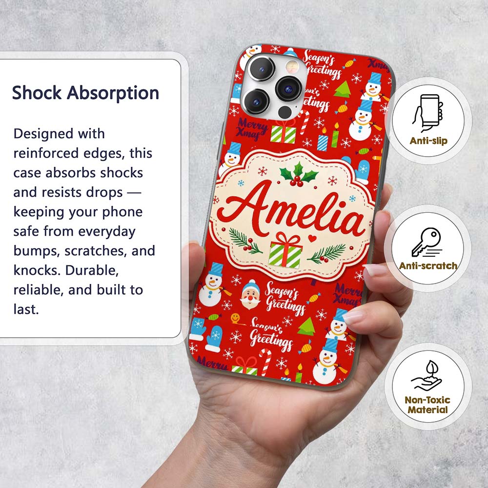 Merry Christmas Santa Snowman Candy Greeting Custom Name Protective Phone Case Mobile Cover Durable Everyday Smartphone Shock Resistant